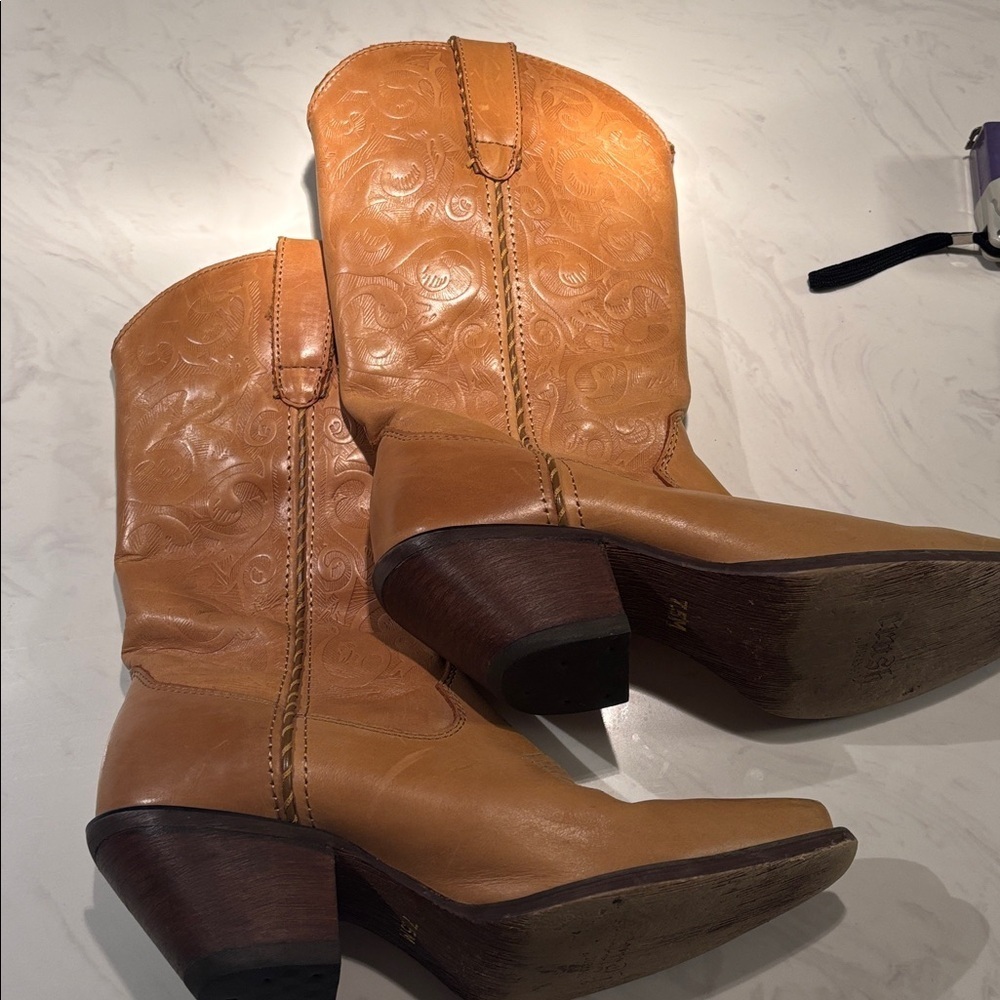 Durango Tan Embossed Leather Western Heeled Boots